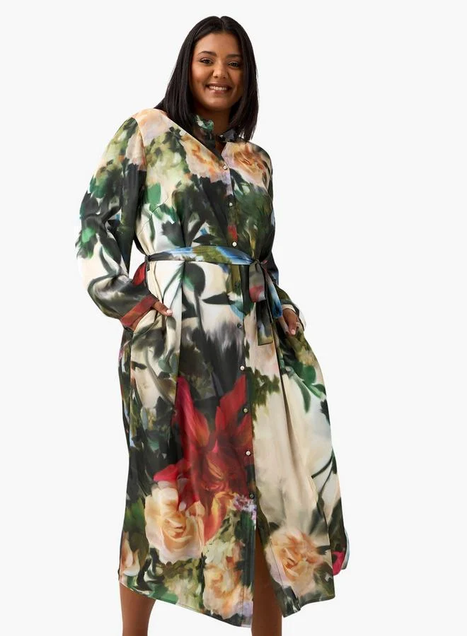 Ulla Popken Plus Size Ulla Popken All-Over Floral Print Shirt Dress with Tie-Up Belt